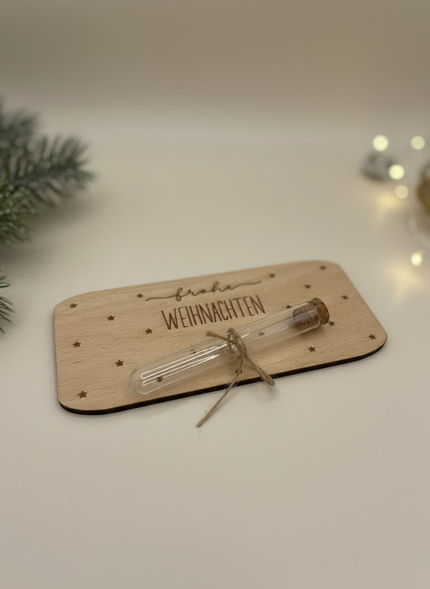 Holzkarte Frohe Weihnachten mit Geldröhrchen